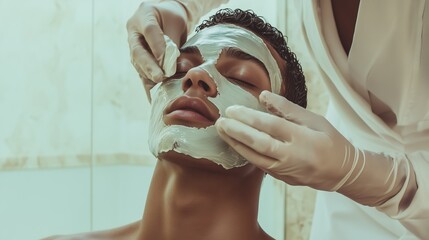 A serene moment at a skincare treatment session in a spa, featuring a man receiving a facial mask application