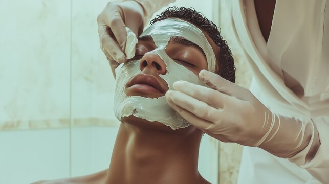 A serene moment at a skincare treatment session in a spa, featuring a man receiving a facial mask application