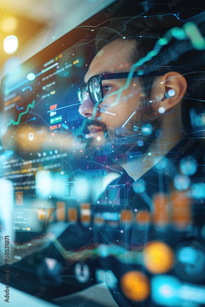 Poster man analyzing data with futuristic interface