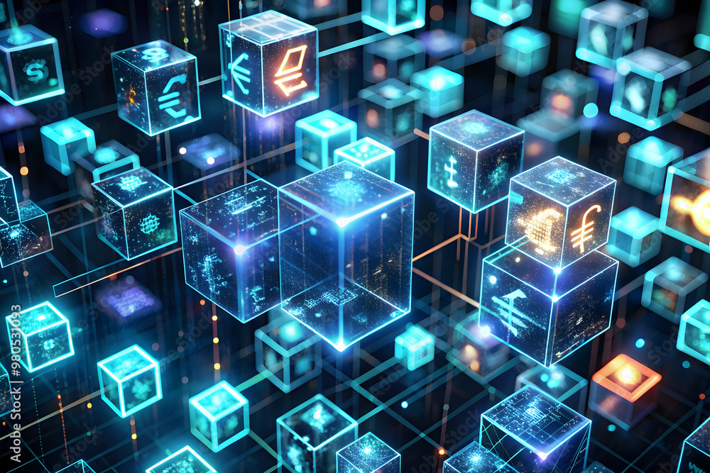Poster the global network's digital symphony: a mesmerizing 3d render of interconnected glowing cubes, puls