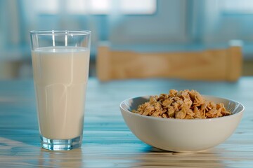Bowl of cereal flakes with a glass of fresh milk, representing a healthy and nutritious breakfast option to start the day with wholesome grains and dairy.