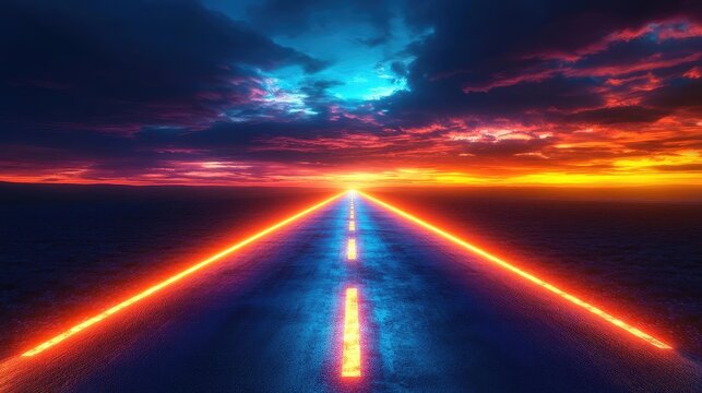 A vibrant sunset over a reflective road, illuminated by neon lights, creating a surreal and captivating landscape.