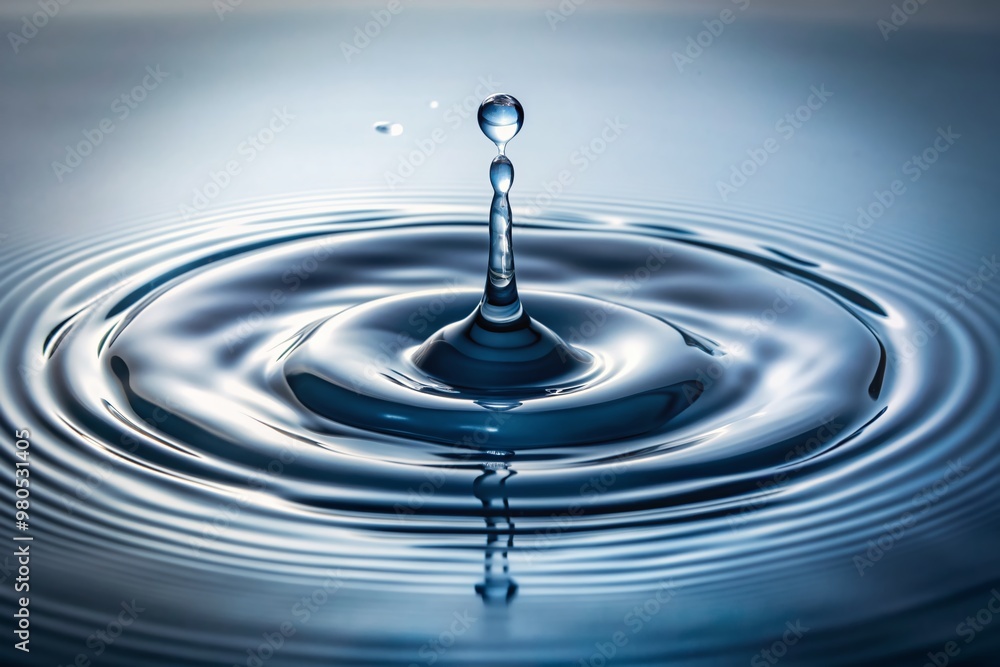 Poster isolated high-speed capture of a single transparent water droplet splashing onto a calm water surfac