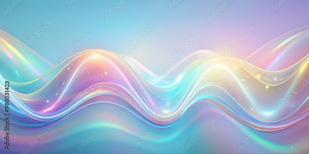 Poster iridescent dreamscape: abstract waves of holographic, pearlescent hues flow across a vibrant gradien