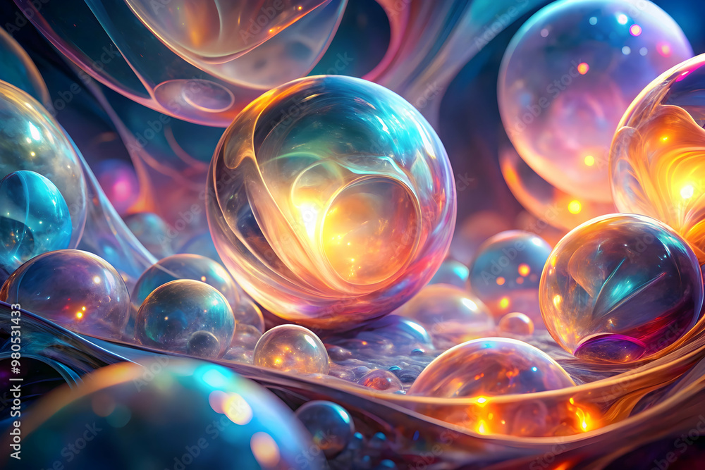 Poster abstract sphere symphony: a mesmerizing abstract composition of iridescent spheres, bathed in vibran