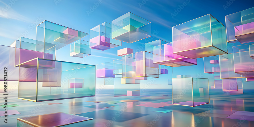 Wall mural glass cubes floating in the sky: an ethereal and abstract digital illustration of translucent glass 