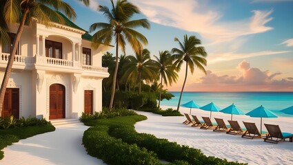Fototapeta premium A majestic, ivory-hued villa with intricately carved wooden doors and ornate balconies, set amidst a lush tapestry of emerald green gardens and majestic palm trees, swaying gently in the breeze, as th