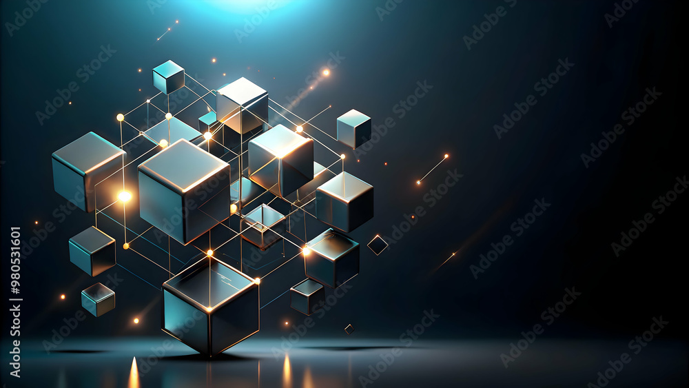 Poster interconnected brilliance: metallic cubes gleam, linked by glowing lines, symbolizing intricate data