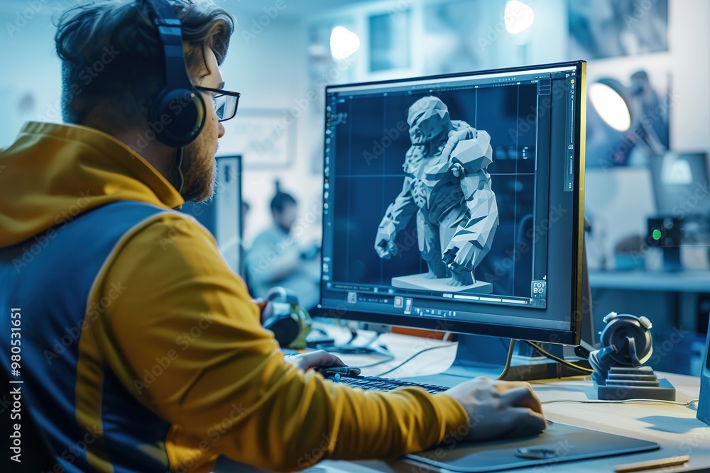 Poster game designer working on 3d character model in studio