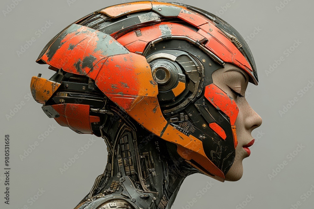Poster robotic helmet with exposed mechanical components symbolizing advanced ai technology cybernetic desi