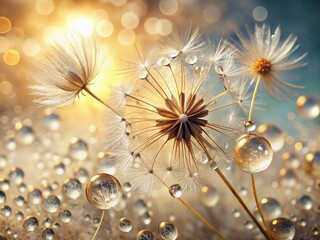 Delicate dandelion seeds glisten with tiny water droplets, suspended in mid-air, against a soft, creamy background, evoking a sense of whimsy and magical wonder.