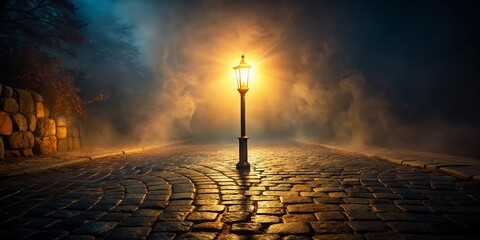 Warm glow of a solitary torch illuminates ancient cobblestone path, casting dramatic shadows and mysterious ambiance on a misty, moonless night.
