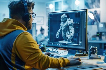 Game designer working on 3D character model in studio