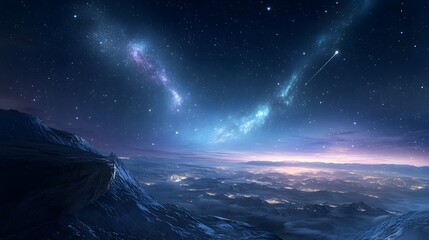 Fototapeta premium A hyper-real, sharp image of the night sky featuring glowing stars, Northern Lights, meteors, and the Milky Way, with a satellite orbiting in the distance