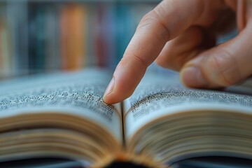 Close-up of a hand pointing to text in an open book, emphasizing reading, education, and literary studies.