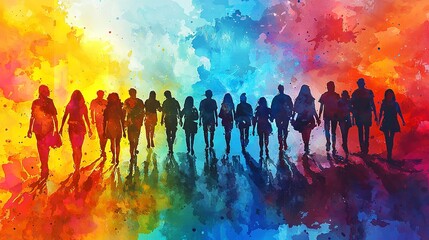 Group of people. LGBT Seamless Pattern. Silhouettes of diverse people painted in the colors of the rainbow. Pride Month.