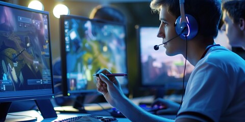 Young male gamer playing at his desk with dual monitors
