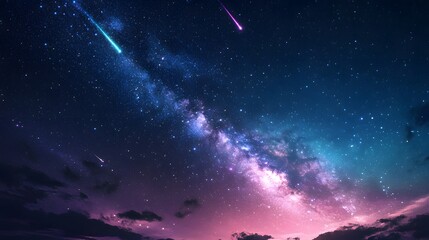 Fototapeta premium The night sky showing a vibrant display of auroras, the Milky Way, and meteors, a satellite orbiting in the distance, hyper-real, sharp, and high-quality illustration