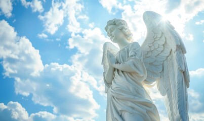 White marble angel statue with wings outstretched against a bright blue sky with clouds.