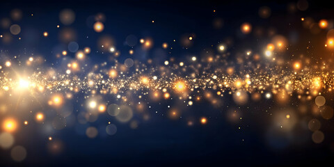 Naklejka premium Golden Trail of Enchantment: A dazzling river of golden particles dances across a deep blue expanse, evoking the magic of the cosmos or a fantastical journey. 