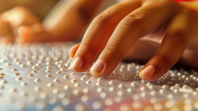 Close-up of hands reading Braille, highlighting tactile learning and accessibility for visually impaired individuals through raised dots.