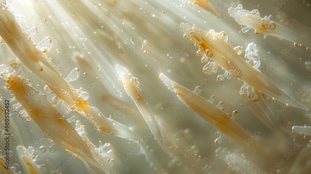Poster tiny organisms float in the water, illuminated by a beam of light. ai.