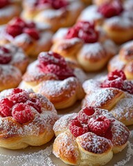 Sweet pastries topped with raspberries and powdered sugar. AI.