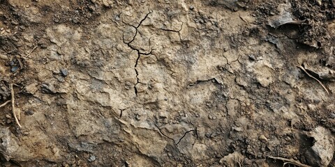 A close-up of cracked, dry soil, showcasing its texture and natural patterns.
