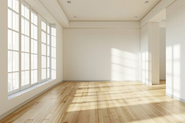White walls and light wood floors in an empty room mock-up with copy space for product display presentation.