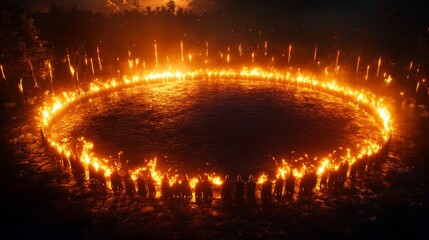 A circle of knights preparing for a quest in a round stone courtyard at dawn