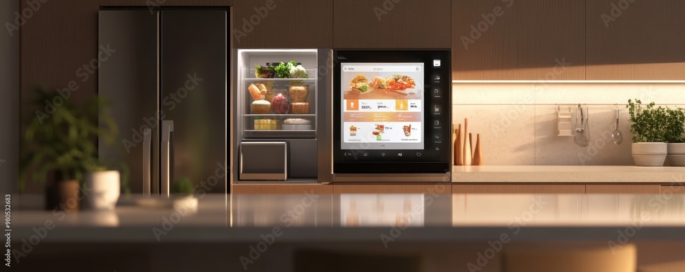 Aufkleber advanced 3d render of a smart fridge in modern kitchen showcasing interactive digital display with f
