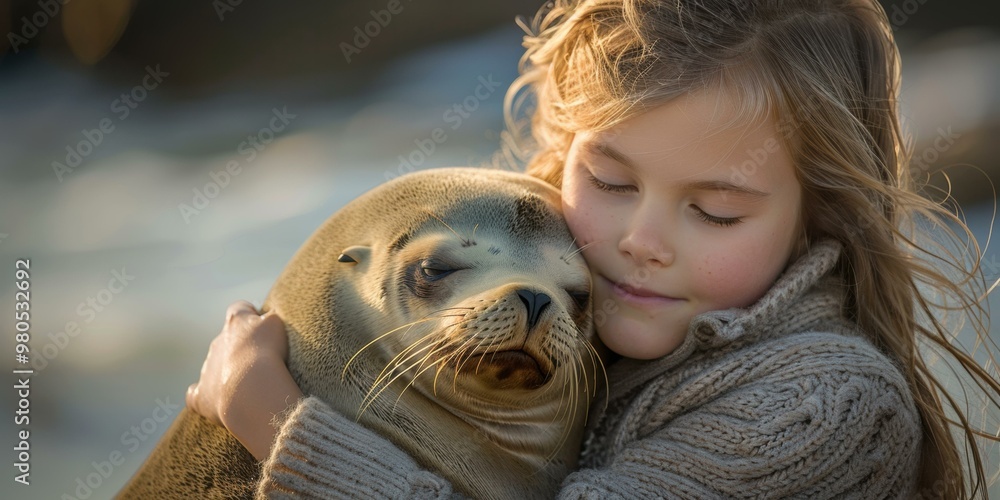 Sticker A young girl embraces a seal with her arms. AI.