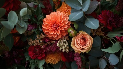 Autumn floral arrangement featuring burnt orange dahlias and roses combined with eucalyptus leaves for seasonal decoration © MakoPoko