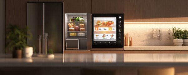 Advanced 3D render of a smart fridge in modern kitchen showcasing interactive digital display with fresh produce. Vibrant technology meets everyday convenience in contemporary home setting.