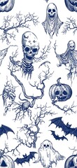 Naklejka premium Halloween pattern. Blue pen drawing of Halloween symbols
