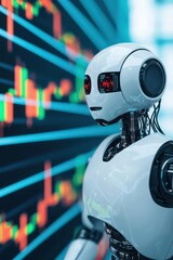 Stock market graph being processed through a robotic neural network, financial processing, AI learning market behavior