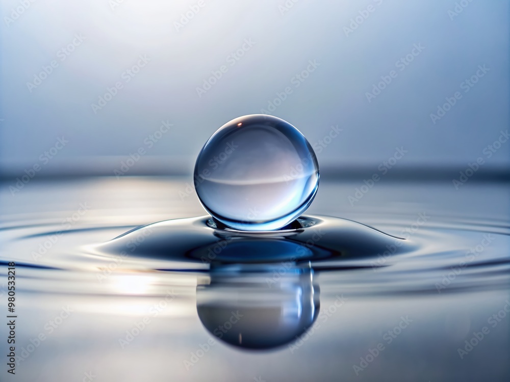 Poster macro photography of a single, perfectly rounded water droplet resting on a pristine white backgroun