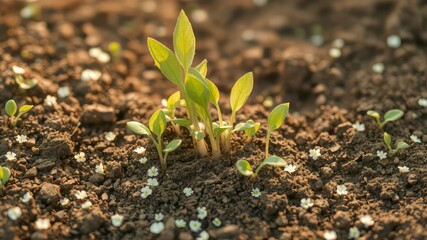 Green tender shoots burst forth from earthy soil, delicate leaves unfurling into slender stems radiating new life,