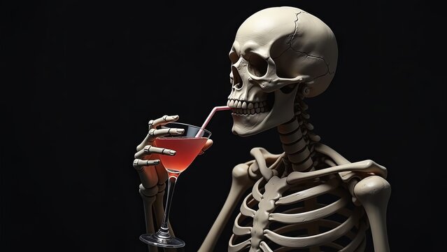 a skeleton drinks holds a Halloween cocktail. A creepy glass for Gothic celebrations and parties. red alcoholic drink. An invitation to a Halloween party. Advertising a bar for Halloween