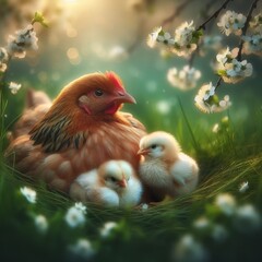 Obraz premium A mother hen with her fluffy chicks in a sunny garden, surrounded by vibrant flowers and lush greenery