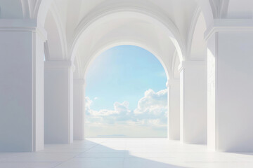 A white arch with a sky background, minimalist stage design with light and colors, front view.