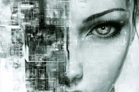 Abstract portrait of woman&rsquo;s face dissolving into a glitchy fragmented matrix symbolizing digital distortion AI breakdown and the fragility of human machine interaction
