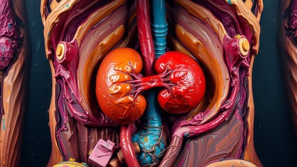 Naklejka premium In the abdominal cavity, the bean-shaped kidney is situated on the left side, partially protected by the rib