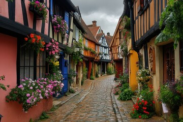 Obraz premium A narrow street lined with colorful houses and flower boxes