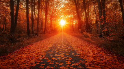 forest filled with fall leaves sunset scene with a walkway