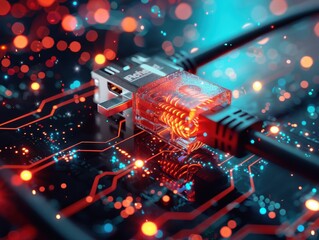 Ethernet cable connected to a glowing circuit board. Concept of network connection, data transfer, and futuristic technology.