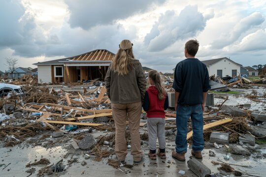 A family surveys the damage to their home after a storm. AI.