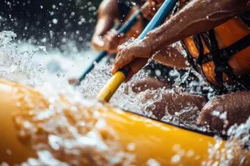 Fototapeta premium A close-up of paddlers navigating rapids in a yellow inflatable raft.