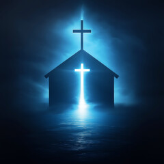 Religious background. A Churche with cross and light coming from behind. Christianity concept