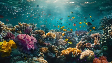 A vibrant coral reef teeming with colorful fish and intricate corals, showcasing the beauty of marine life. The scene is bathed in sunlight filtering through the clear blue water